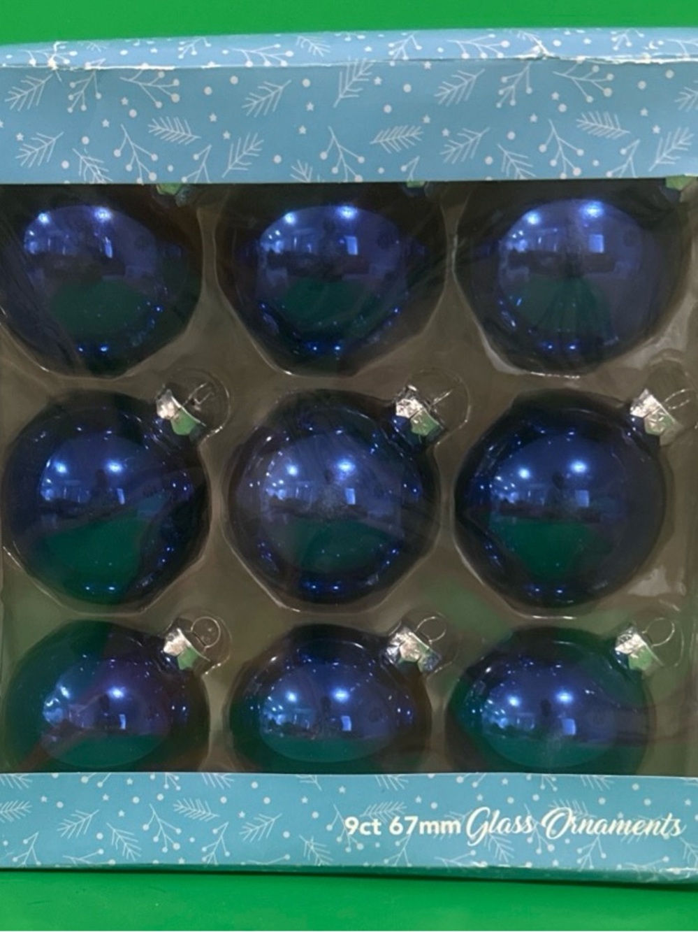 Set of 9 - Old Time Pottery Glass Christmas Ornaments Blue 67mm Round Balls